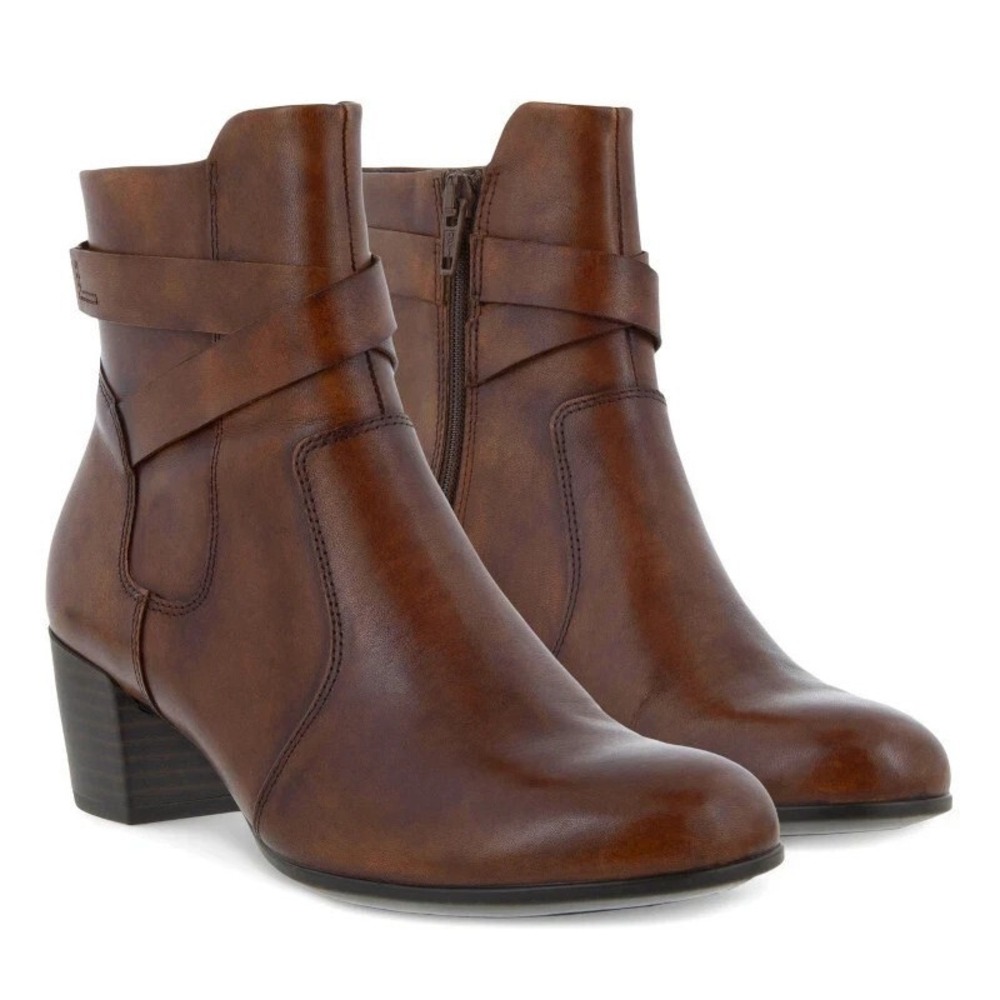 ECCO Shape M35 Ankle‎ Boots Sz 38 US 7-7.5 Cognac Leather Block Heel Side Zip